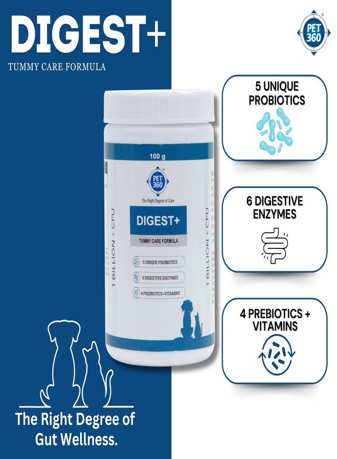 PET360 Digest+ Tummy Care Formula | Gut Health Supplement for Dogs & Cats | Probiotics, Prebiotics, Digestive Enzymes & Vitamins for Improved Digestion & Immunity | Suitable for All Breeds - 100 gm - Image 2